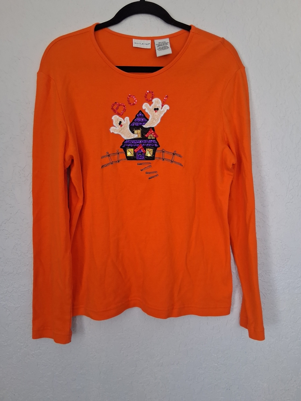 Vintage White Stag Halloween Shirt L Large Orange Ghost Sequined Haunted House